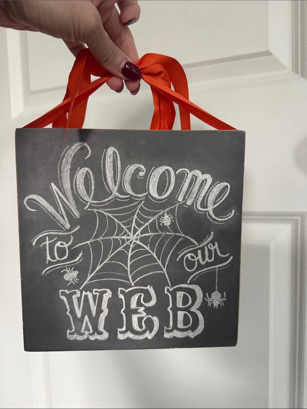 Nordstrom Black Chalkboard-Style Halloween Welcome Sign with Red Ribbon